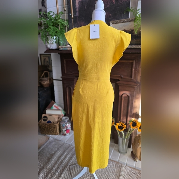 💛 A.L.C. Yellow Mustard Walker Ruffle Shoulder Belted Tie Waist Wrapped Dress 6 - Picture 7 of 12